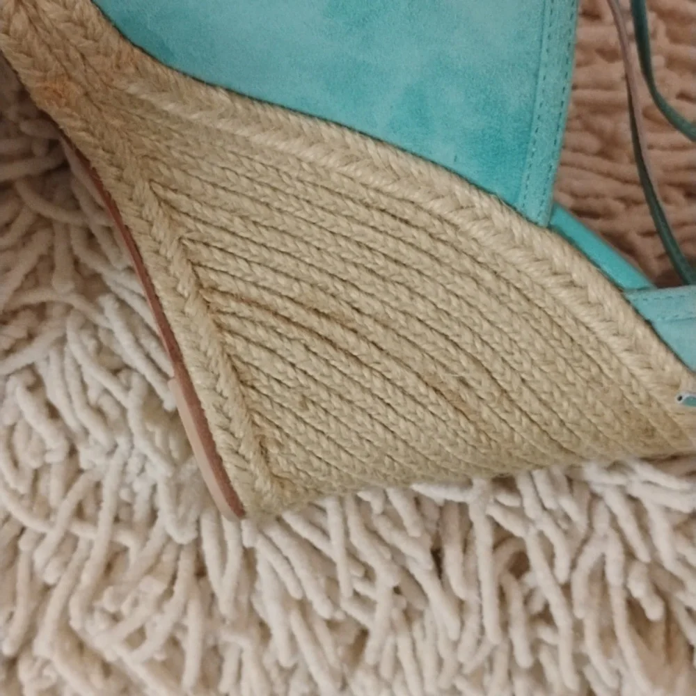 Trina Turk Turquoise Suede Leather Lace up Ankle Wrap Wedge Sandals - Picture 8 of 12